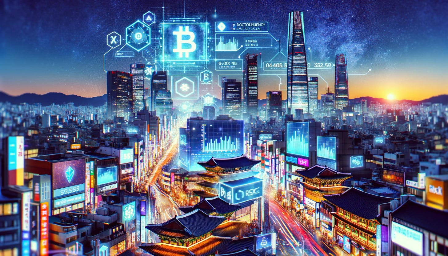 A dynamic and innovative portrayal of South Korea's cryptocurrency market, featuring a bustling cityscape at night. Picture Seoul's skyline illuminated by the glow of neon signs and digital billboards displaying live cryptocurrency exchange rates and blockchain news. The scene is alive with energy, symbolizing South Korea's rapid adoption of digital currencies and its leading role in the global cryptocurrency space. Traditional Korean elements are subtly integrated, such as motifs on digital screens and modern interpretations of hanok buildings, blending the country's rich heritage with its forward-thinking embrace of technology. This image, in a 16:9 ratio, captures the vibrant intersection of tradition and innovation in South Korea's cryptocurrency market.