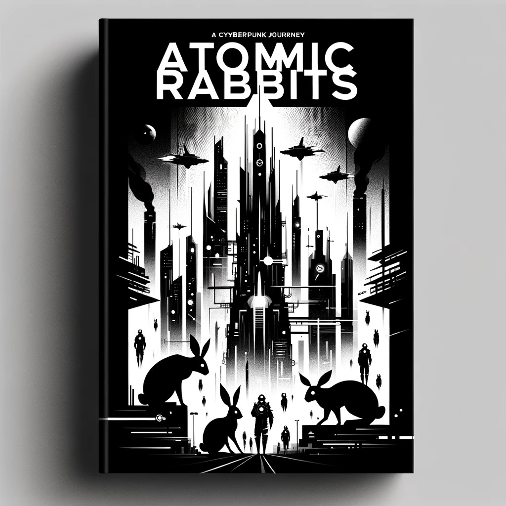 A modern and minimalist monochrome book cover for 'Atomic Rabbits'. The design captures the essence of a cyberpunk journey with a sleek, abstract illustration. It features the silhouettes of sentient spacesuits, towering skyscrapers symbolizing rampant capitalism, and the shadowy figures of mad physicists, all overshadowed by the ominous presence of genetically modified rabbits. The imagery is combined in a way that suggests chaos and conflict within a futuristic cityscape. The use of negative space and geometric shapes adds to the minimalist cyberpunk vibe. The title and author's name are displayed in a bold, contemporary sans-serif font, complementing the overall theme.