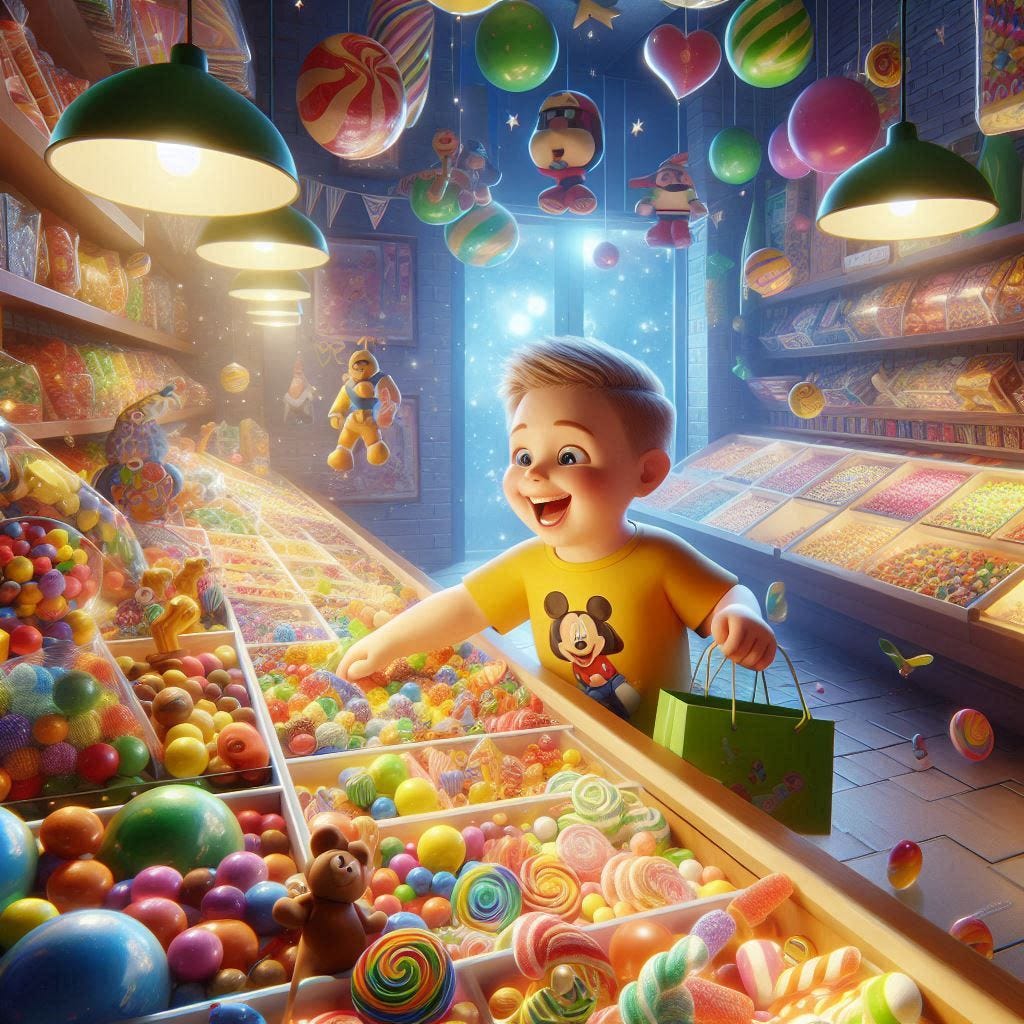 A realistic depiction of a happy child enjoying a candy store, choosing their favorite sweet, surrounded by colorful candies and decorations. The scene is cheerful and vibrant, with bright lights illuminating the store, creating a festive atmosphere. The child is wearing a bright cartoon-themed shirt, and there are shelves filled with candies, chocolates, and toys. The composition is dynamic and represents happiness and excitement.