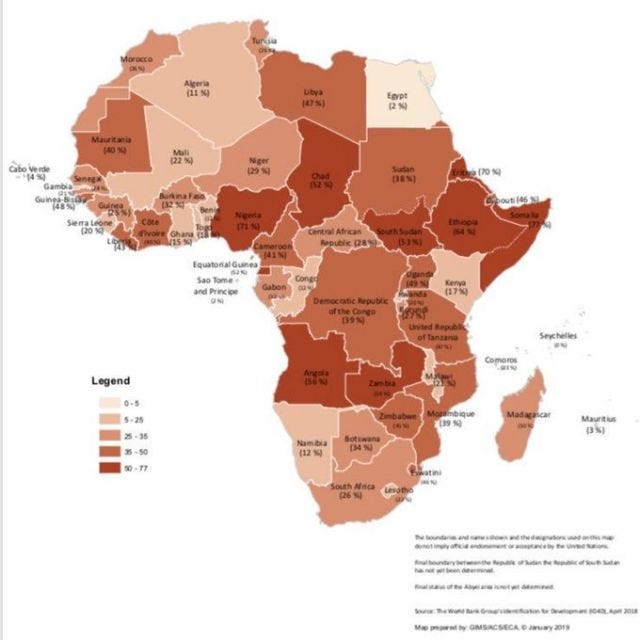 Map showing that anywhere from 0 - 75% of African citizens have civil IDs