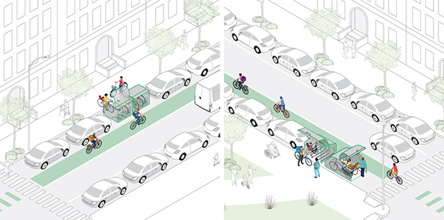 Rendering of example designs for small capacity bike parking facilities near the curb.