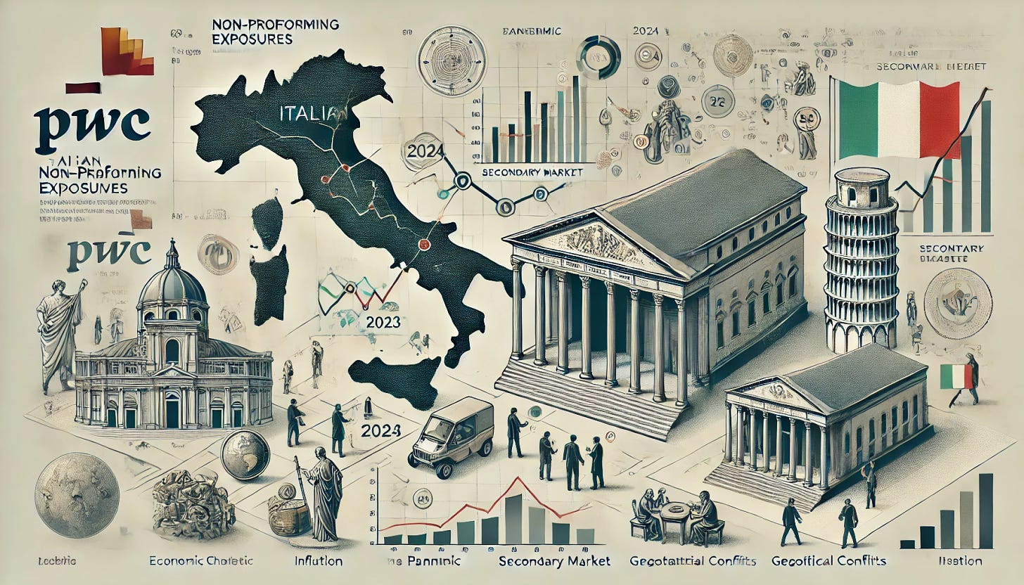 Create a detailed horizontal image representing the Italian Non-Performing Exposures (NPE) market as described in a 2024 report by PwC. The image should feature a symbolic depiction of the Italian banking sector, showing a graph or chart indicating the decline in NPEs from their peak in 2015 to 2023. Include elements representing economic challenges such as the pandemic, inflation, and geopolitical conflicts. Depict a secondary market rising, with a visual representation of investors engaging in transactions. Use a modern, clean design style with muted colors to convey a professional financial report theme. The background can include subtle references to Italy, such as the outline of the country or iconic Italian architecture, integrated into the design.