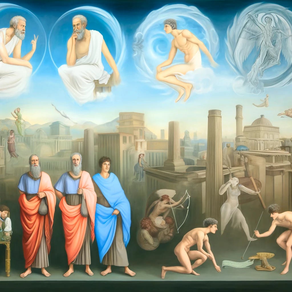 An artistic interpretation of Plato's conception of justice from 'The Republic', focusing on the analogy between the just city and the just soul. The artwork should depict three distinct groups of people representing the three classes of the city: the Guardians, the Auxiliaries, and the Artisans. The Guardians, embodying wisdom, are depicted in thoughtful poses, dressed in robes, overseeing the city. The Auxiliaries, representing courage, are shown in dynamic, protective stances, wearing armor. The Artisans, symbolizing self-discipline, are engaged in various crafts and trades. Above them, ethereal forms of Justice, Wisdom, Courage, and Self-Discipline float, symbolizing the Forms. The setting is an orderly, harmonious cityscape that reflects the structured society. The style should merge classical Greek elements with symbolic, surreal touches to emphasize the philosophical depth of Plato's ideas.