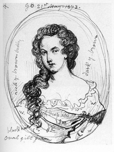 Oval sketch of a woman with loose, curled hair