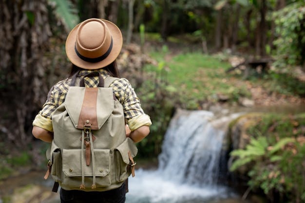 A hiker with a wide brim hat with their back to the viewer in front of a small waterfall in the woods. A hiker with a wide brim hat with their back to the viewer in front of a small waterfall in the woods.