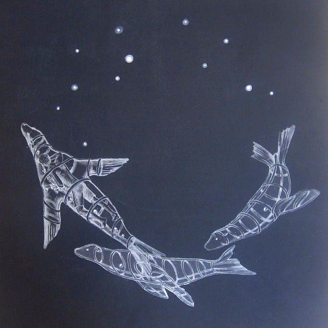 A dark navy background with three white etched whales, swimming under stars