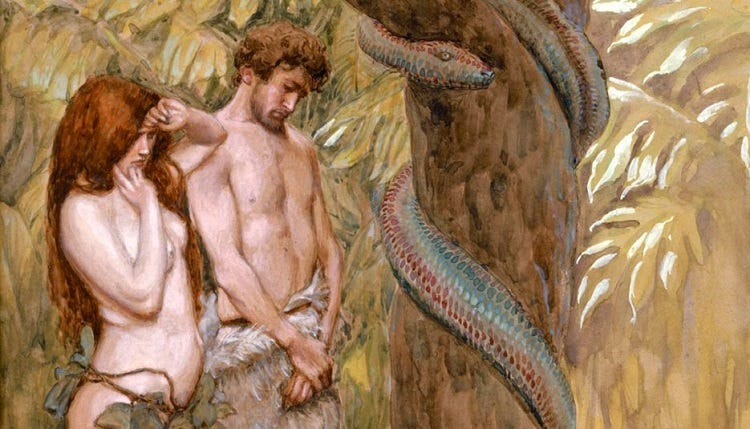 A painting of Lilith and Adam looking curiously at a snake wrapped around a tree