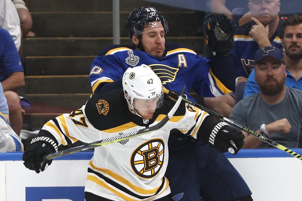 torey krug bruins checks blues alexander steen stanley cup finals game 3 2019