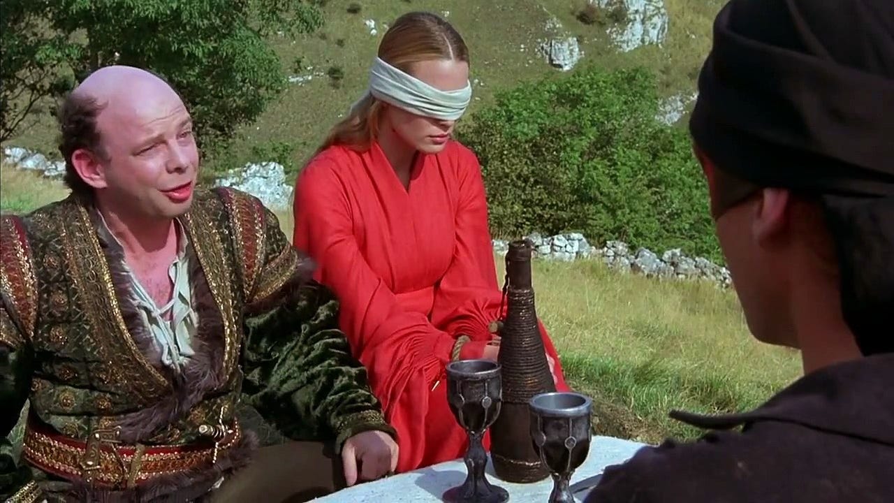 Scene from THE PRINCESS BRIDE: Vizzini has to decide which cup contains the poison.