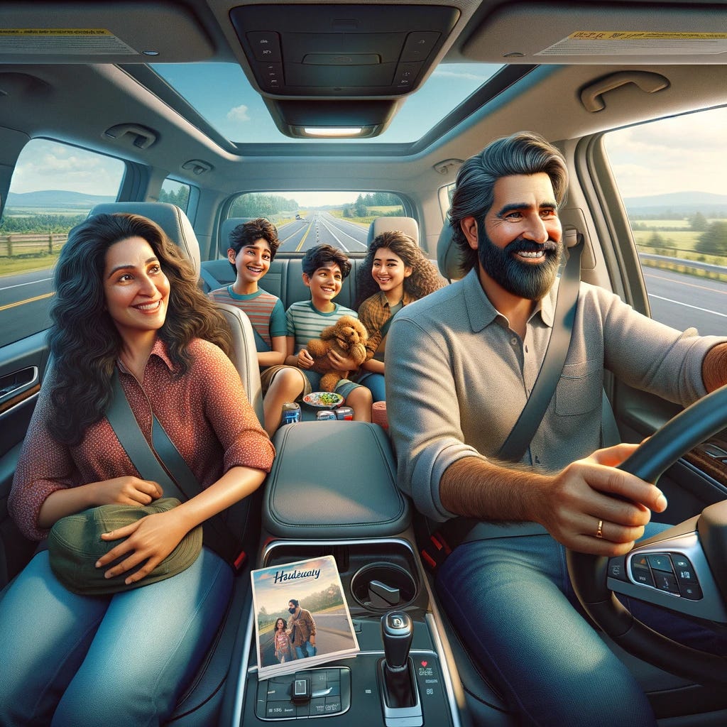 An Indian family is on a road trip in the USA, capturing a moment of joy and exploration. The scene is set inside a new car, with the husband at the wheel, embodying happiness and concentration as he navigates the road. Beside him, in the passenger seat, the wife is seen enjoying the ride, her expression one of contentment and delight as she gazes out the window. In the back seat, two children, a mix of excitement and joy on their faces, are smiling, engaged in the adventure. The interior of the car is modern and sleek, reflecting the newness of the vehicle. The outside view through the windows shows a scenic American highway, with wide open roads and a hint of the landscape that defines the vast country. The atmosphere within the car is one of happiness and familial bonding, as they journey together on this new adventure.