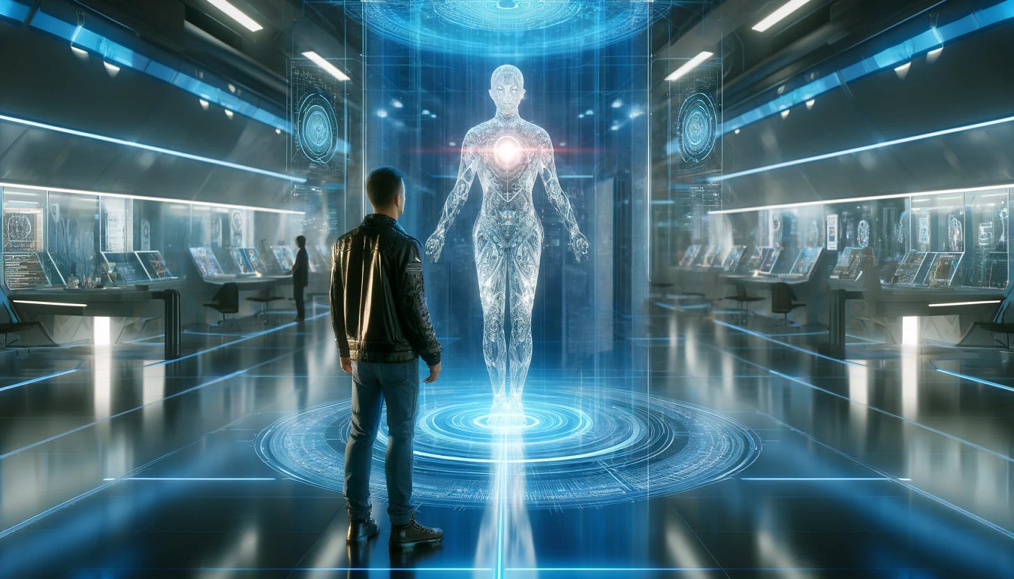 A futuristic scene where a person is interacting with an AI. The person is standing in a sleek, high-tech room filled with holographic displays and advanced technology. The AI appears as a glowing, translucent figure, with digital patterns and circuits visible within its form. The room is illuminated with blue and white lights, giving it a sci-fi feel. The person is wearing modern, futuristic clothing, with an expression of awe and concentration as they interact with the AI through a holographic interface. A futuristic scene where a person is interacting with an AI. The person is standing in a sleek, high-tech room filled with holographic displays and advanced technology. The AI appears as a glowing, translucent figure, with digital patterns and circuits visible within its form. The room is illuminated with blue and white lights, giving it a sci-fi feel. The person is wearing modern, futuristic clothing, with an expression of awe and concentration as they interact with the AI through a holographic interface.