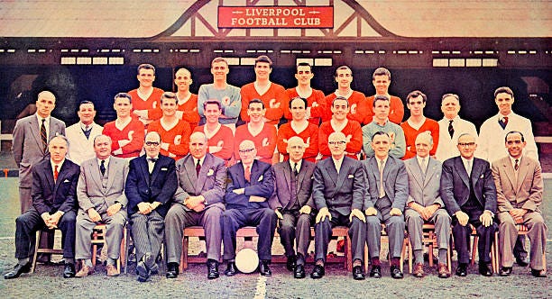 Liverpool Football Club following their Second Division Championship and promotion, circa May 1962. Left to right, top row: Dick White, Ronnie Moran,...
