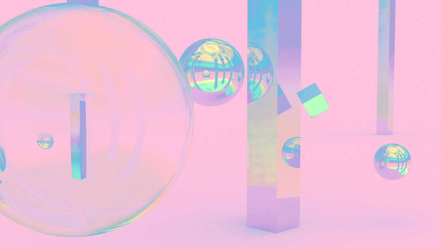 Abstract art of reflective bubbles and posts with pink background