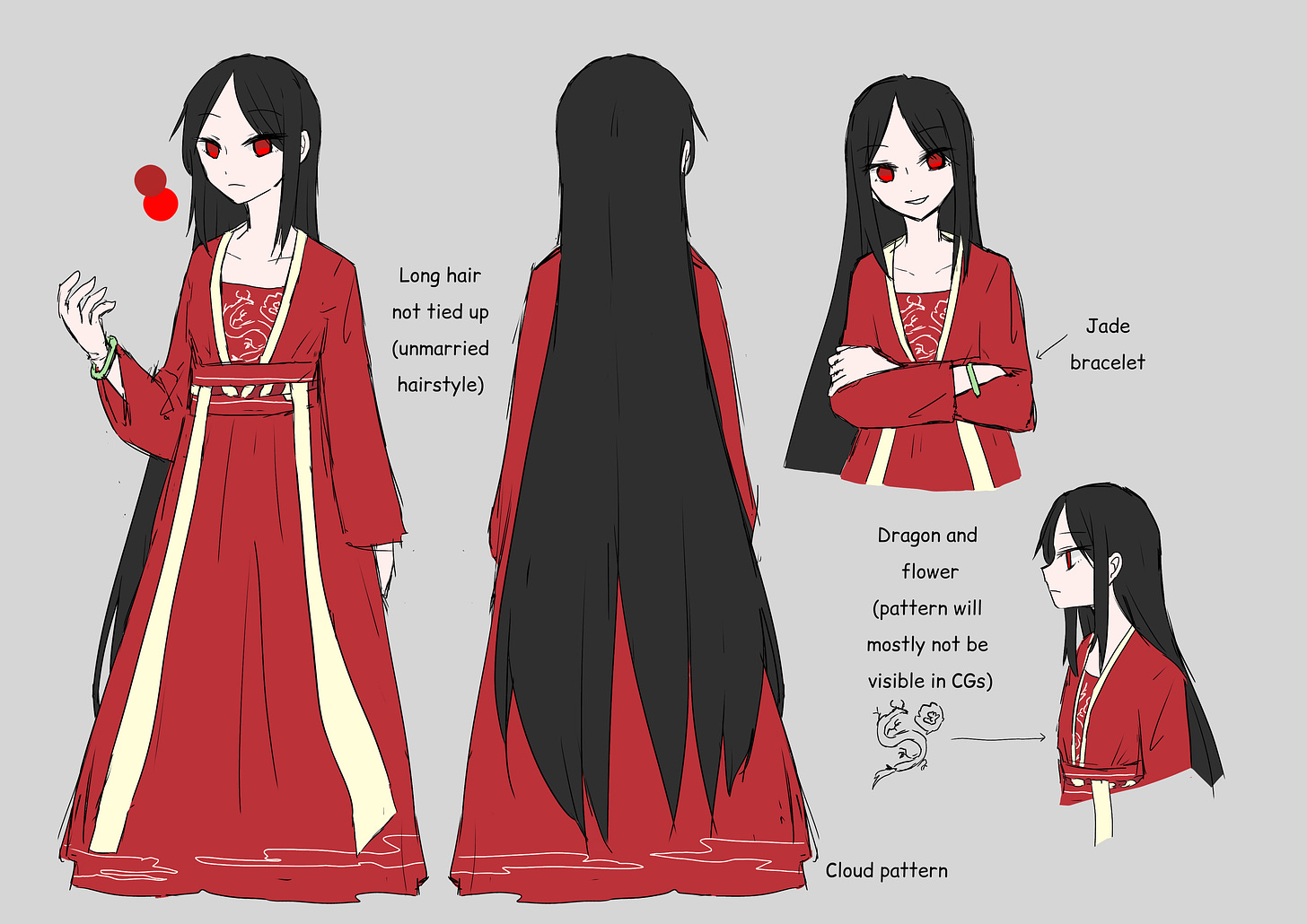 character sheet of a Chinese girl with long black hair, red eyes, red hanfu