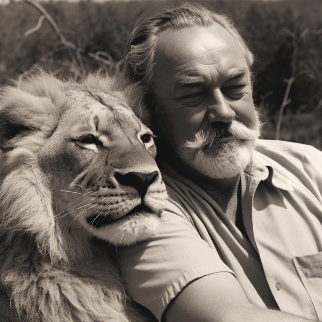 Ernest Hemingway and a lion enjoy a little sit down