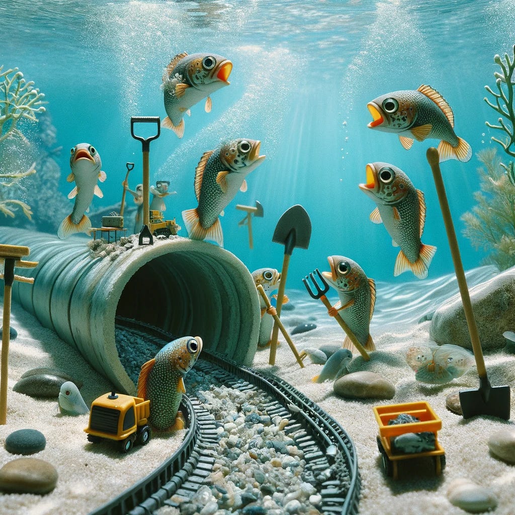 A whimsical underwater scene where fish are constructing a tunnel. The fish are using miniature construction equipment suited for underwater work, such as tiny shovels and pickaxes. The tunnel is partially built, showing the clear direction towards the home of a sea snake. The fish display expressions of determination and teamwork. The ocean floor is dotted with small rocks and marine plants, and the water is crystal clear, allowing light to filter through and illuminate the construction site.