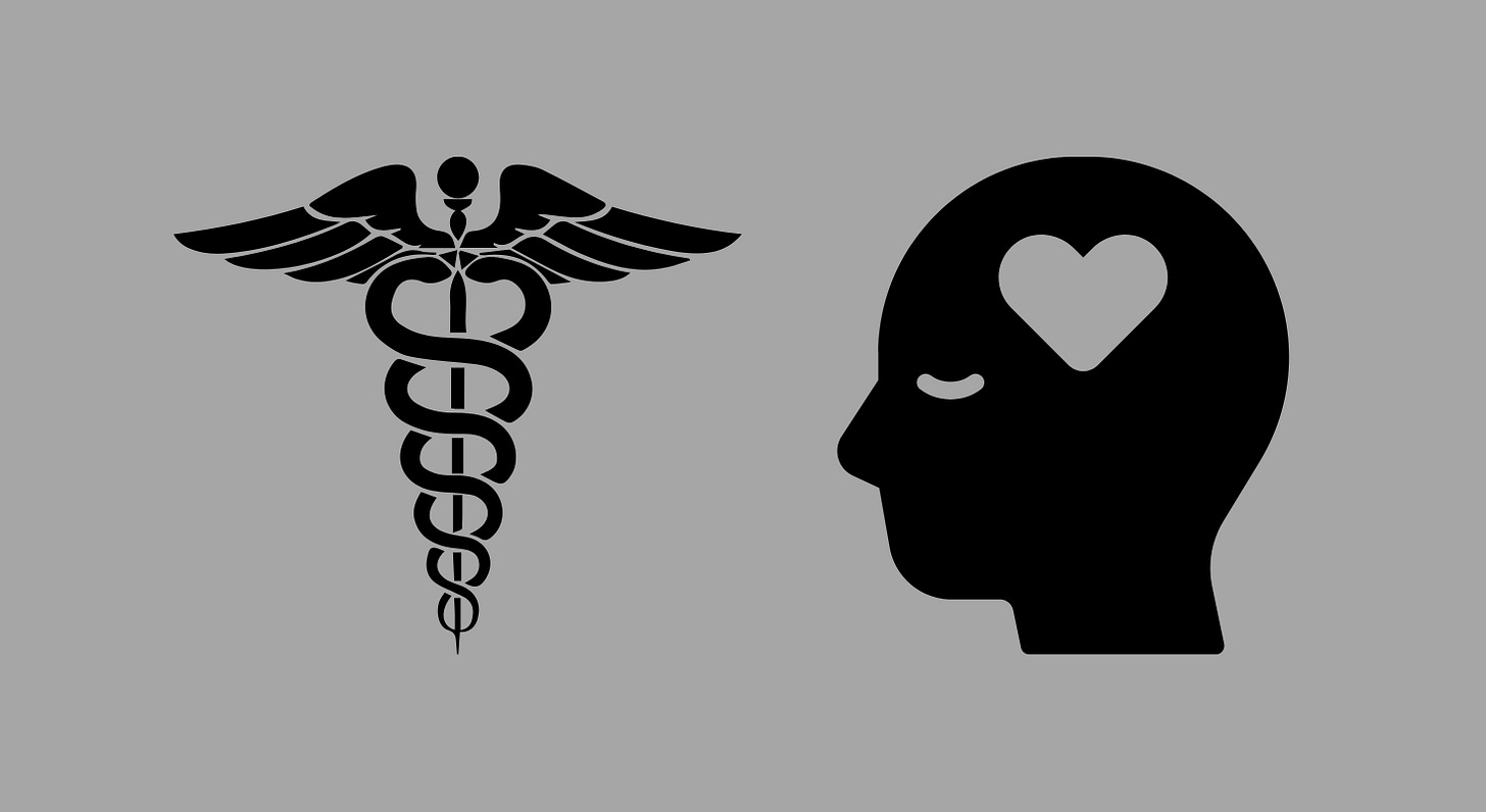 Graphic with medical symbols and head with a heart inside.