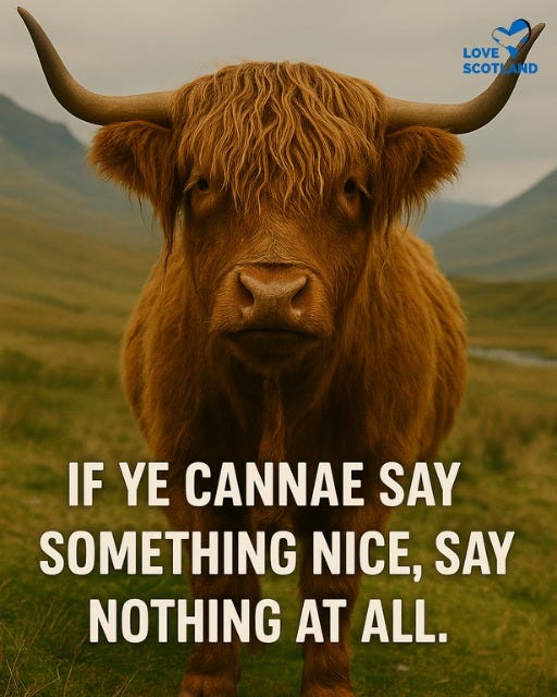 May be an image of text that says "LOVE SCOT SCOTLAND ေန် ND LAND IF YE CANNAE SAY SOMETHING NICE, SAY NOTHING AT ALL."