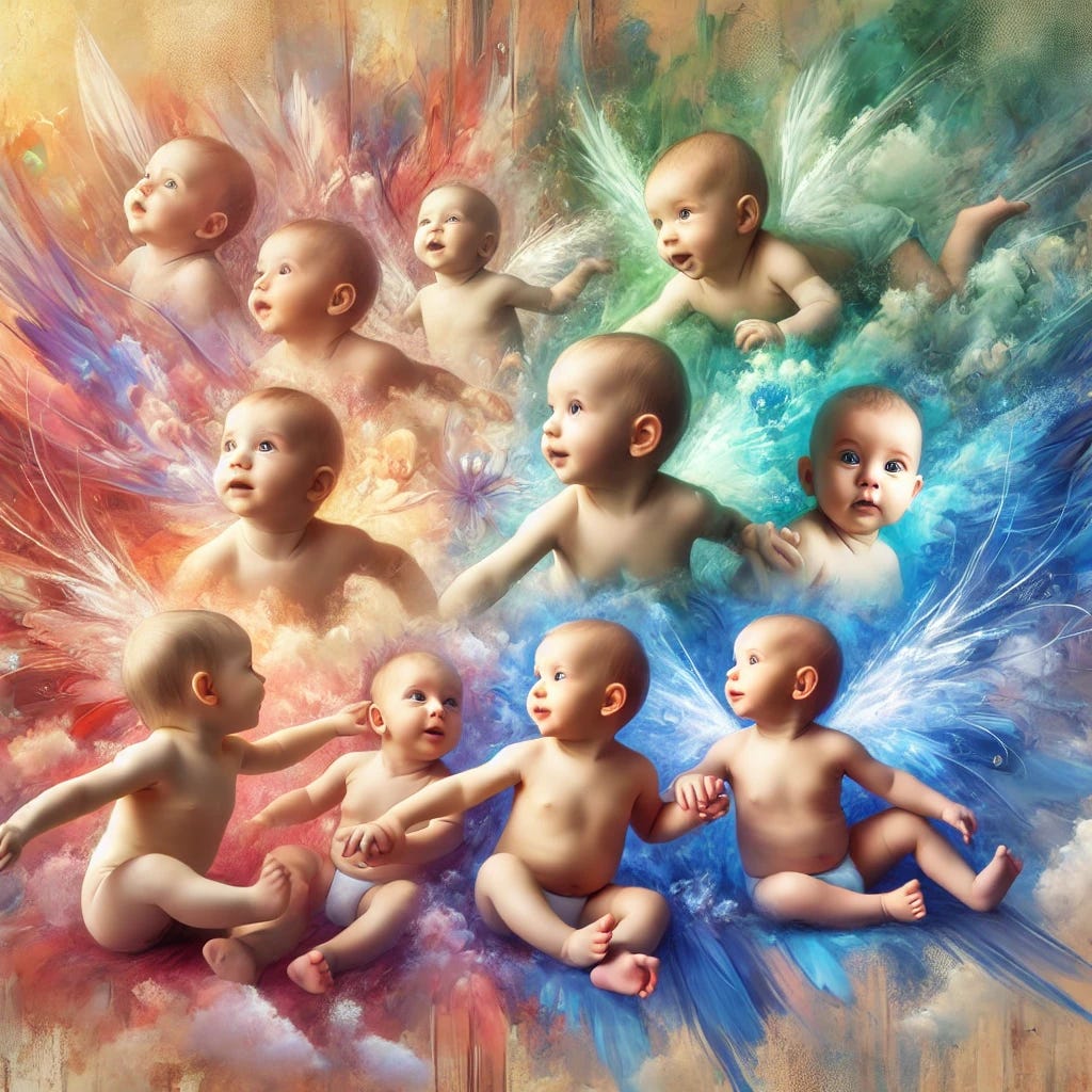 An artistic image focusing on the beauty of babies. The composition should feature multiple babies with diverse backgrounds, interacting with each other in a playful and joyful manner. The background should be abstract, using soft, vibrant colors to create a dreamy and whimsical atmosphere. The overall feel should be enchanting and heartwarming, capturing the innocence and wonder of infancy.