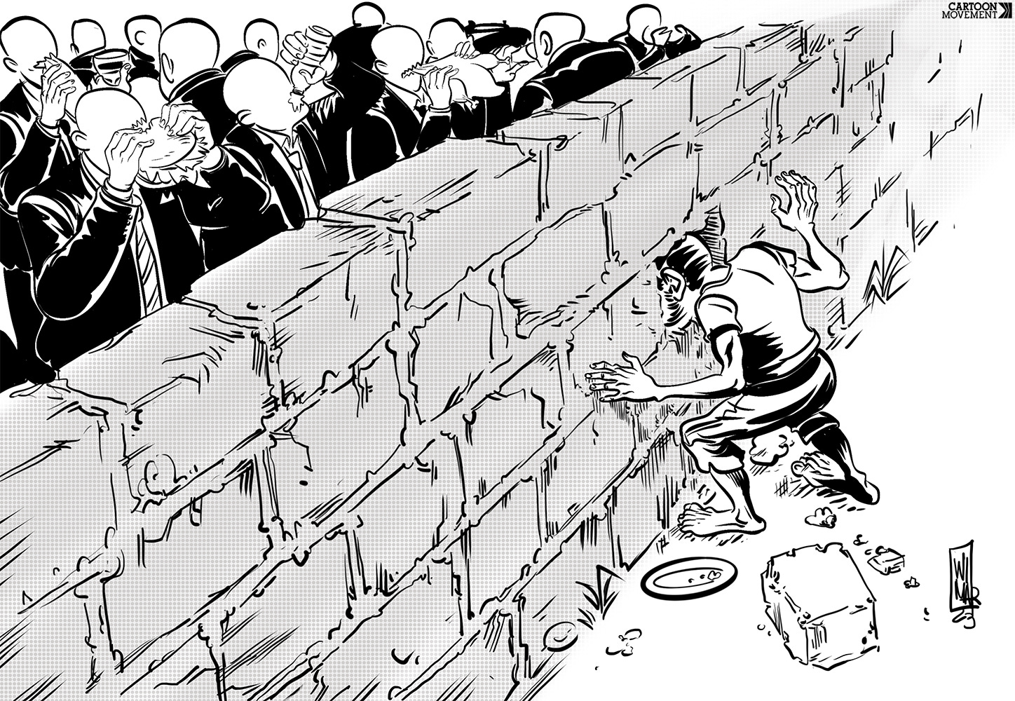Cartoon showing s group of men in suits are seen eating and drinking while at the other end of a stone wall a poorly dressed man sticks his head into the wall watching the scene of those who are eating. 