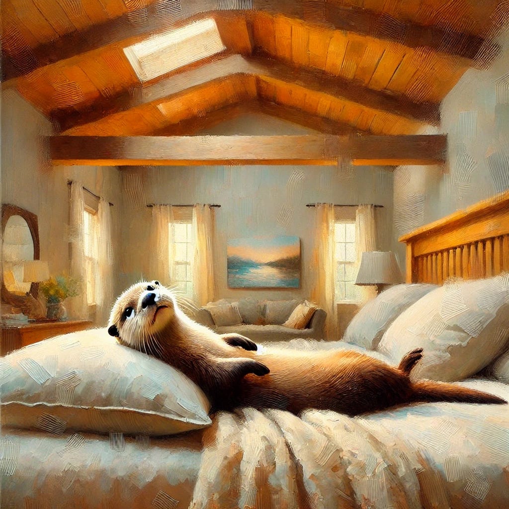 An AI-generated image that vaguely resembles an impressionist painting, featuring a river otter with its head resting on a pillow, staring at the ceiling.