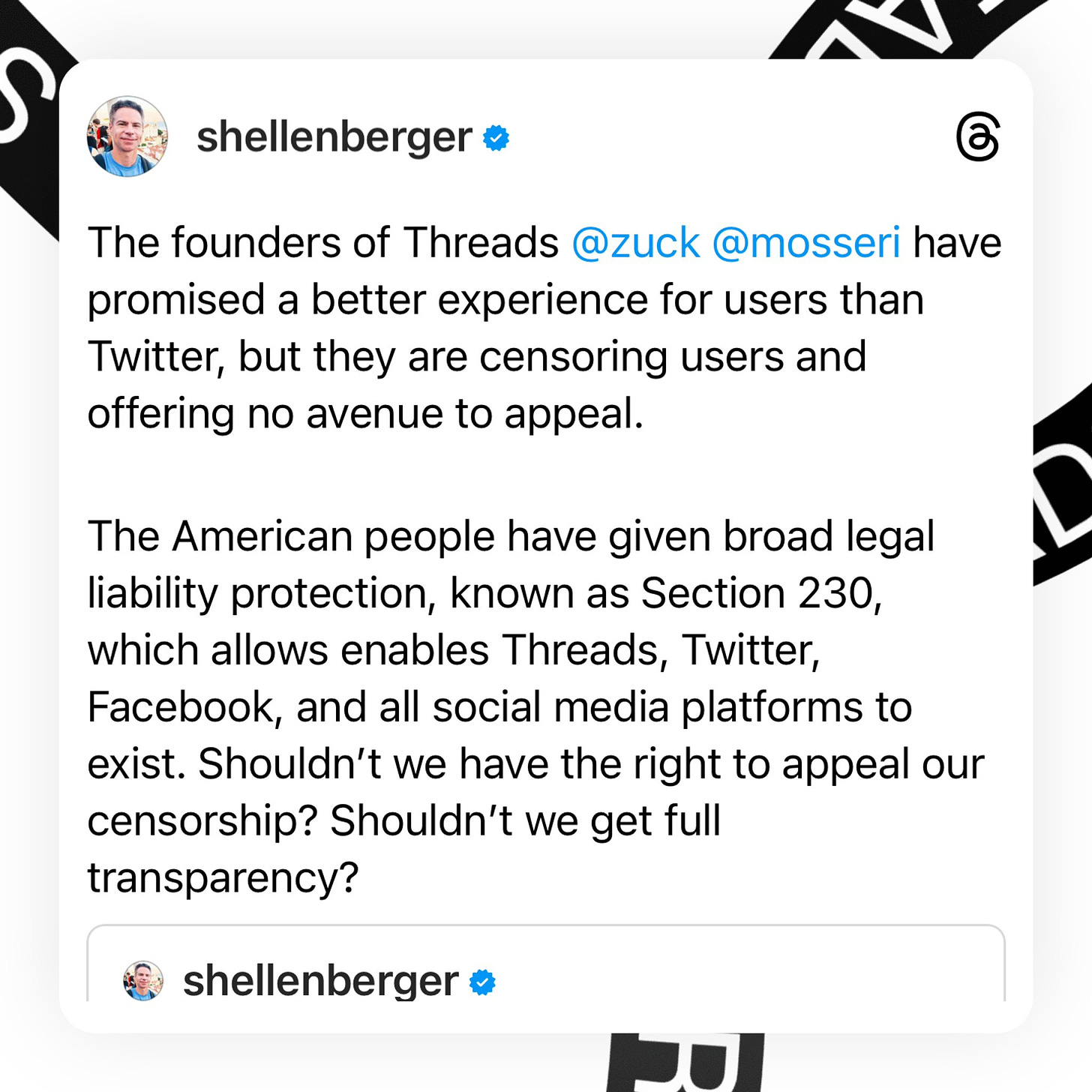 Michael Shellenberger on Twitter: "Mark Zuckerberg, the founder of Meta's  new app, Threads, has promised users a better experience than Twitter, but  he is censoring users and offering no avenue for appeal.