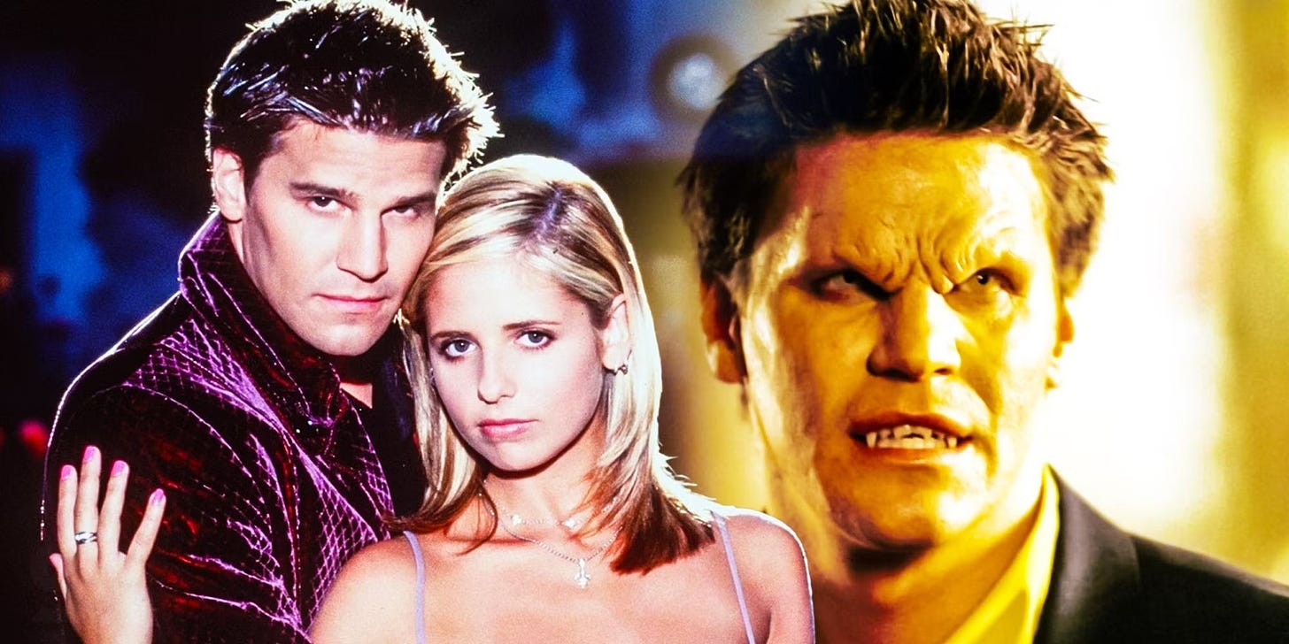 Buffy and Angel (David Boreanaz) looking at the camera in a sultry way that suggests they're a couple. The other half of the image shows Angel in his evil soulless mode, "Angelus", which is basically the same but with some creepy facial prosthetics.
