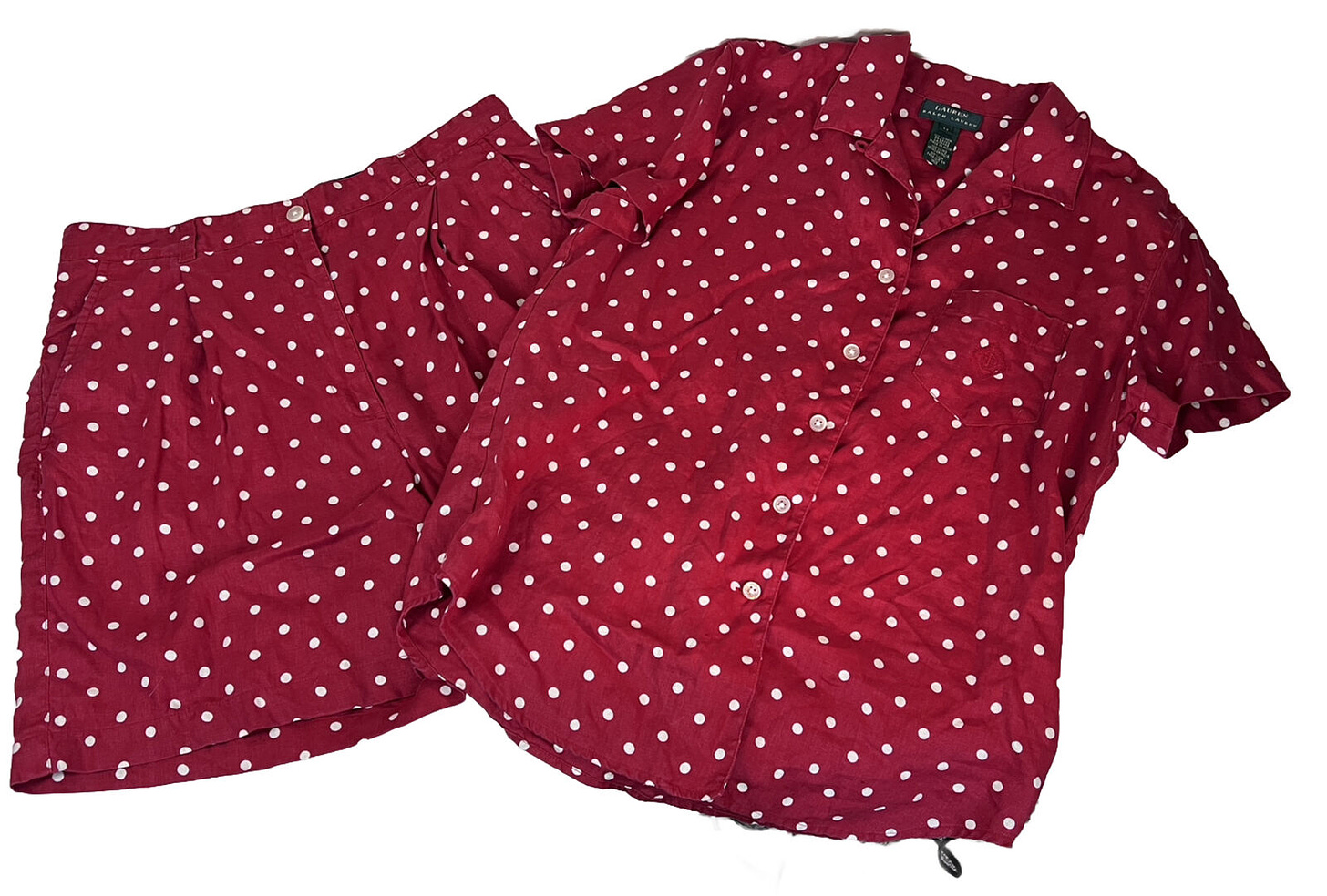 Lauren Ralph Lauren Vintage Red Polk A Dots Top/ Short Set 100% Linen Medium/12 - Picture 1 of 5