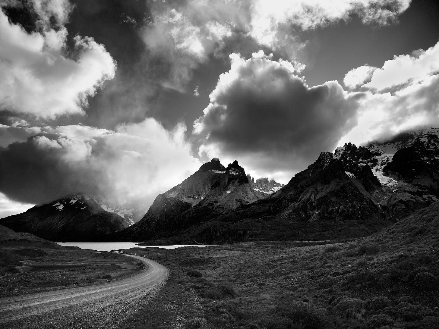 Patagonia rugged landscape in black and white