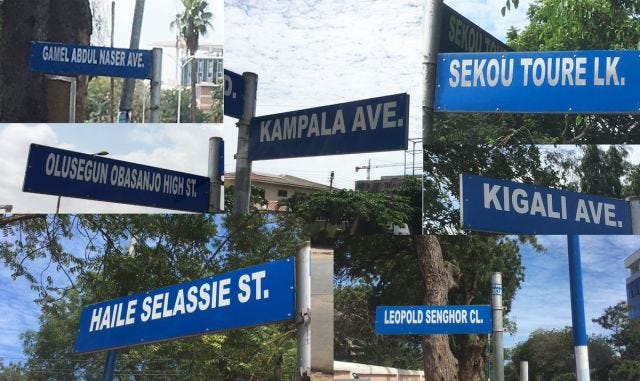 A selection of street signs from Accra, including Gamel Abdul Nasser Ave, Olusegun Obasanjo High St, Haile Selassie St, Kampala Ave, Sekou Toure Lane, Kigali Ave, and Leopold Senghor Close