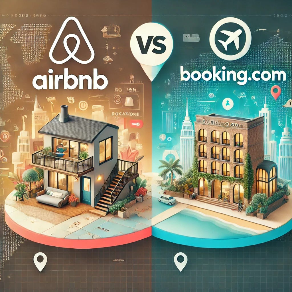 A high-quality thumbnail for an article comparing Airbnb and Booking.com. The design is split-screen: the left side showcases the Airbnb logo with a cozy, stylish vacation rental, while the right side features the Booking.com logo with a luxurious hotel. The background includes a world map with travel-related icons like location pins and an airplane. The text overlay, in bold modern typography, clearly states 'Airbnb vs. Booking.com: Which is Better?' ensuring both company names are fully readable and well-integrated into the design.