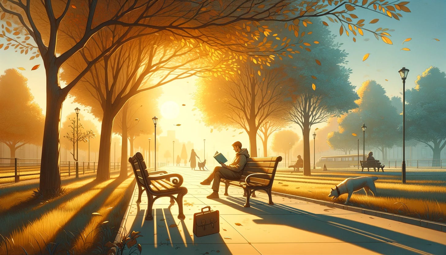 The image should capture the essence of optimism in everyday, mundane scenarios, focusing on simple joys and activities. It will depict a person sitting on a park bench, deeply engrossed in reading a book. The sunlight gently filters through the leaves, casting a warm, golden light on the scene. A soft breeze rustles the pages of the book, adding a sense of calm and contentment. The park is a typical, everyday setting with a few trees, a clear pathway, and a distant figure walking a dog, reinforcing the theme of ordinary life. The sky above is a clear, light blue, symbolizing hope and serenity. The color scheme of the image will predominantly feature shades of orange, yellow, and light blue, blending these colors to create a serene and hopeful atmosphere. This scene aims to highlight the beauty of finding joy in simple, daily activities, embodying the concept of optimism in the most relatable and straightforward manner.
