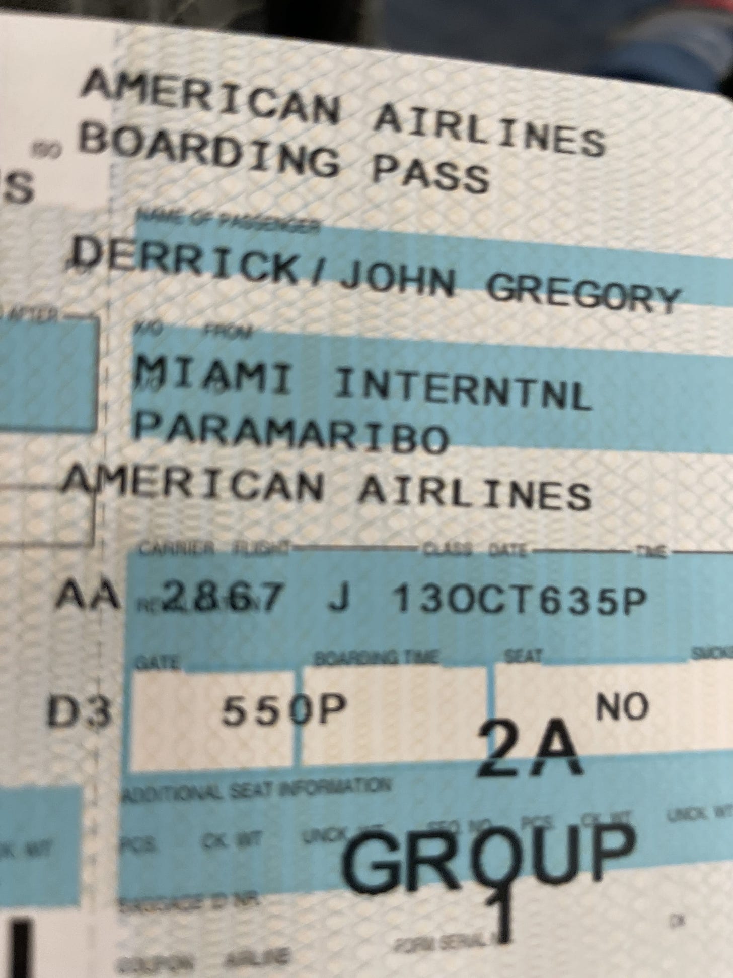 American Airlines Paramaribo boarding pass