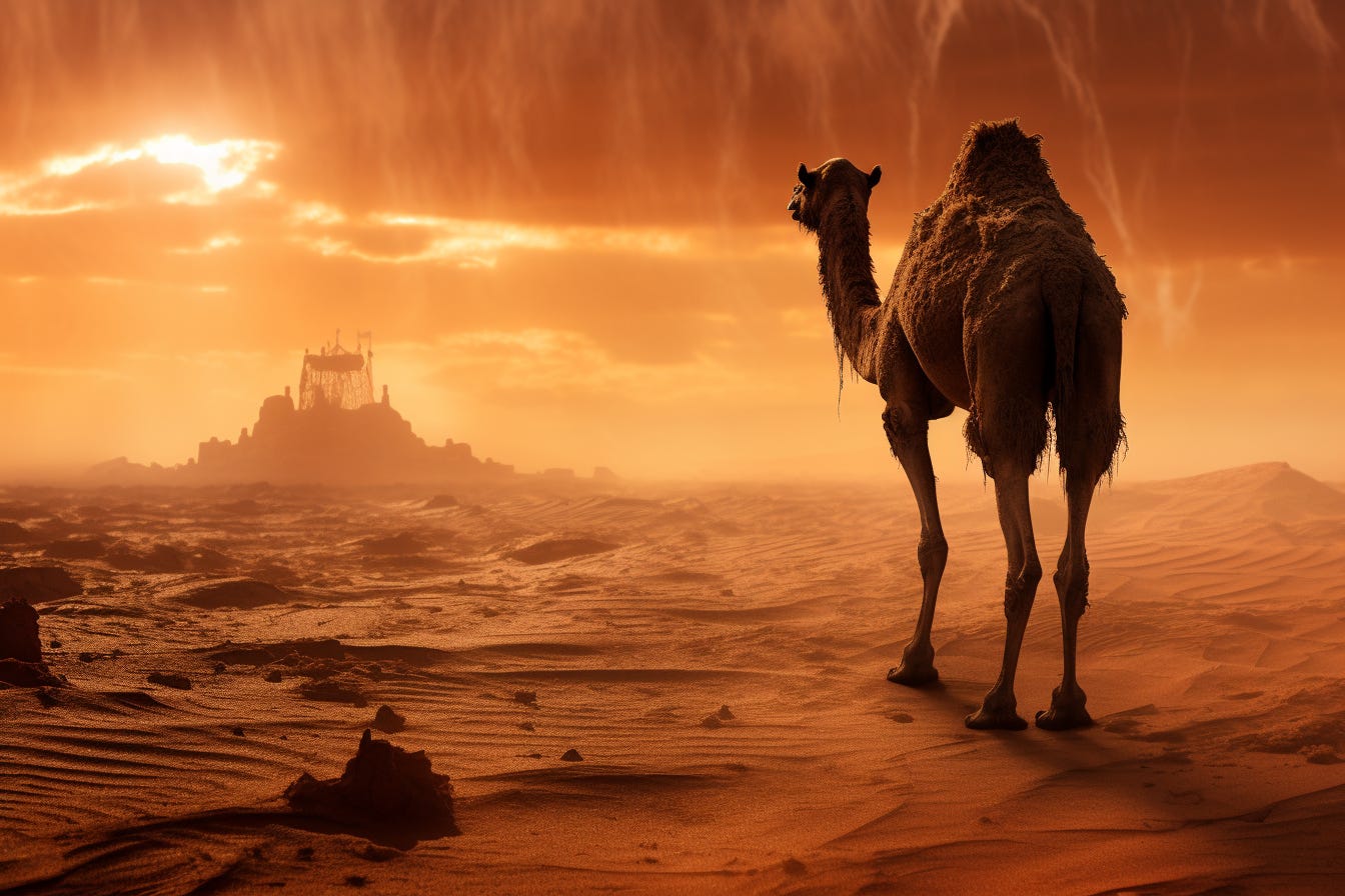 Camel in the desert, image by Midjourney - camel is more prominent