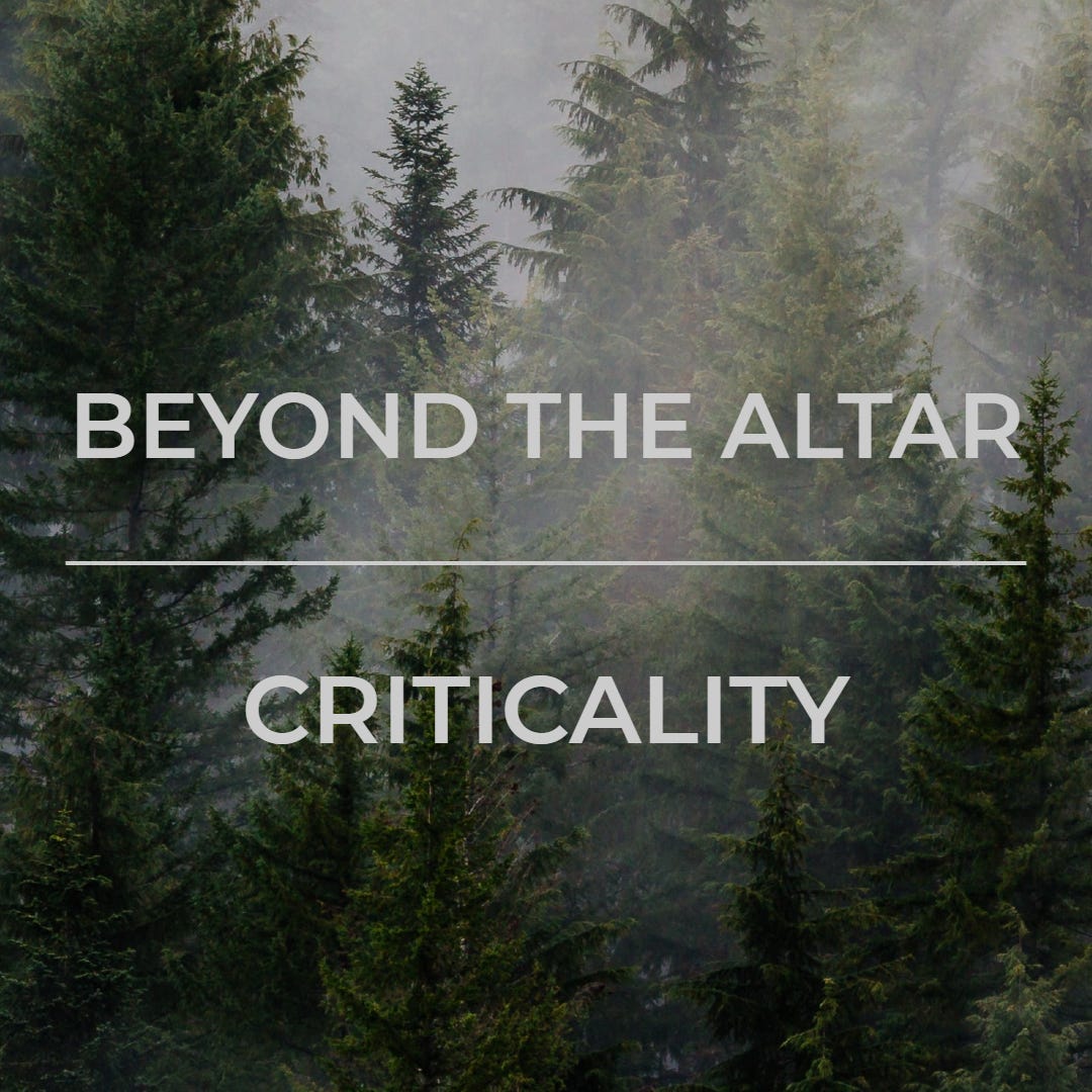 Image is a photo of a misty evergreen forest with cream text in block letters that says: BEYOND THE ALTAR and CRITICALITY. The two words are separated by a cream divider line.