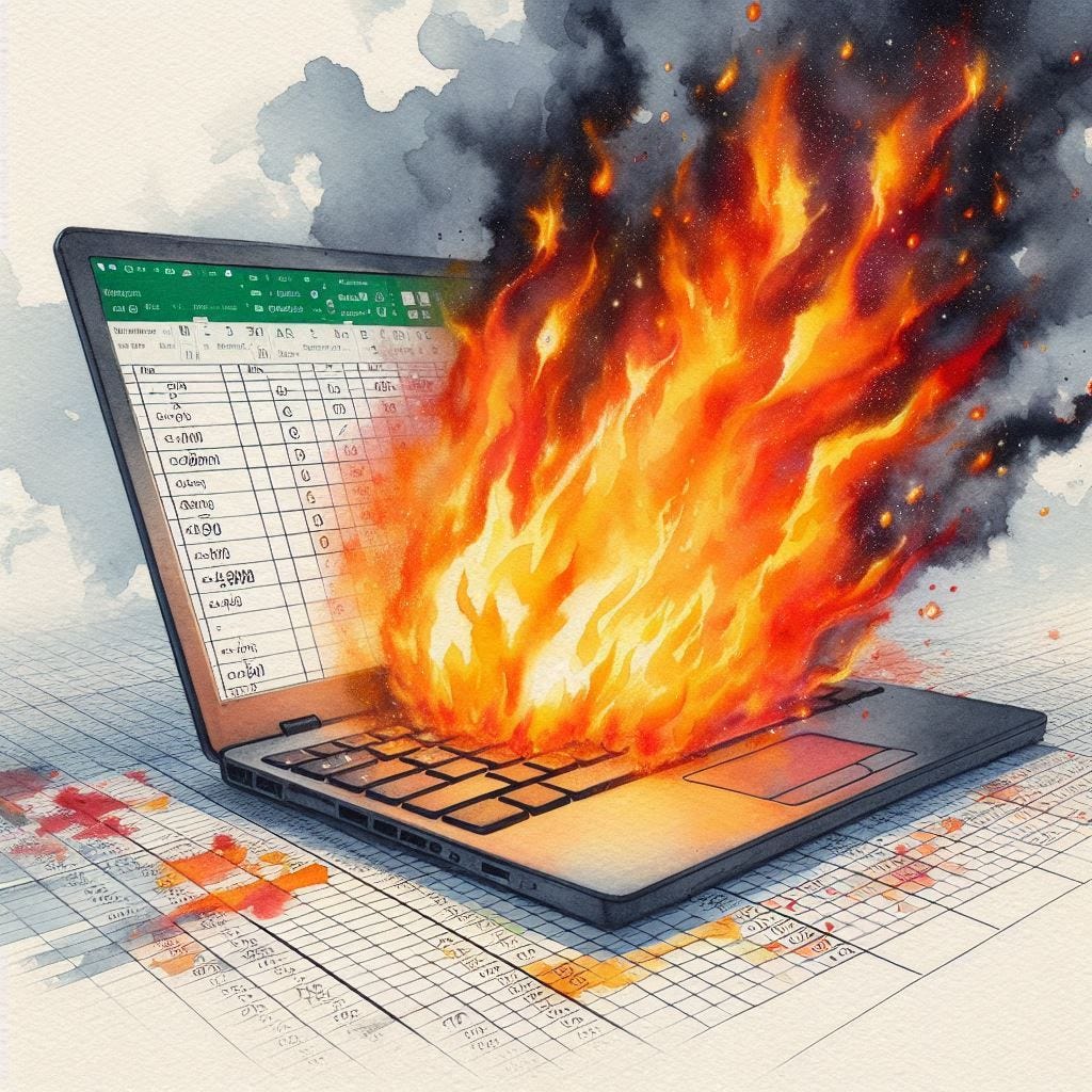 A Microsoft Excel sheet catching fire, watercolor