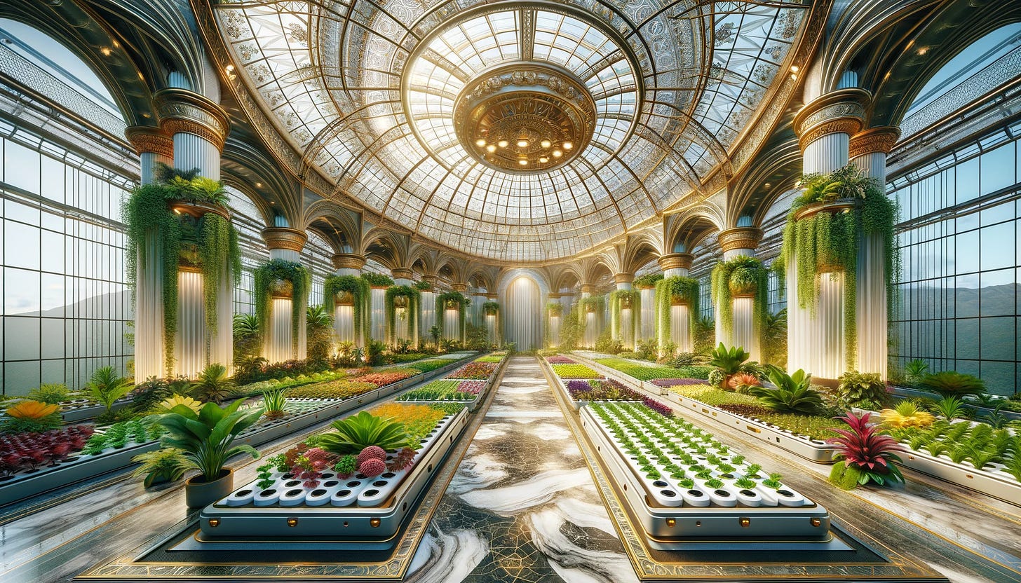 Extravagant hydroponic gardens demonstrating luxury nutrient consumption, where every plant revels in a wealth of nourishment