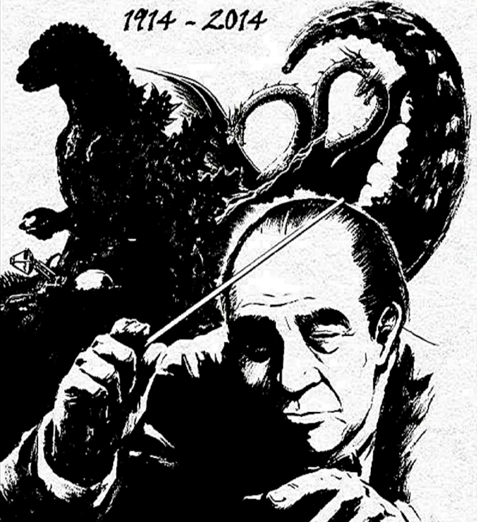 Manga-style illustration of Godzilla and Akira Ifukube, creator of Godzilla’s roar as well as the musical score for the original Godzilla and many classic kaiju films. Ifukube is holding a baton and conducting, and his birth and death years are given: 1914-2014. Manga-style illustration of Godzilla and Akira Ifukube, creator of Godzilla’s roar as well as the musical score for the original Godzilla and many classic kaiju films. Ifukube is holding a baton and conducting, and his birth and death years are given: 1914-2014.