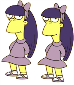 The characters Sherri ’n’ Terri Mackleberry from The Simpsons. They’re identical twin sisters, they’ve got long purple hair ’n’ pale skin ’n’ are wearin’ purple dresses ’n’ purple bow in their hair.