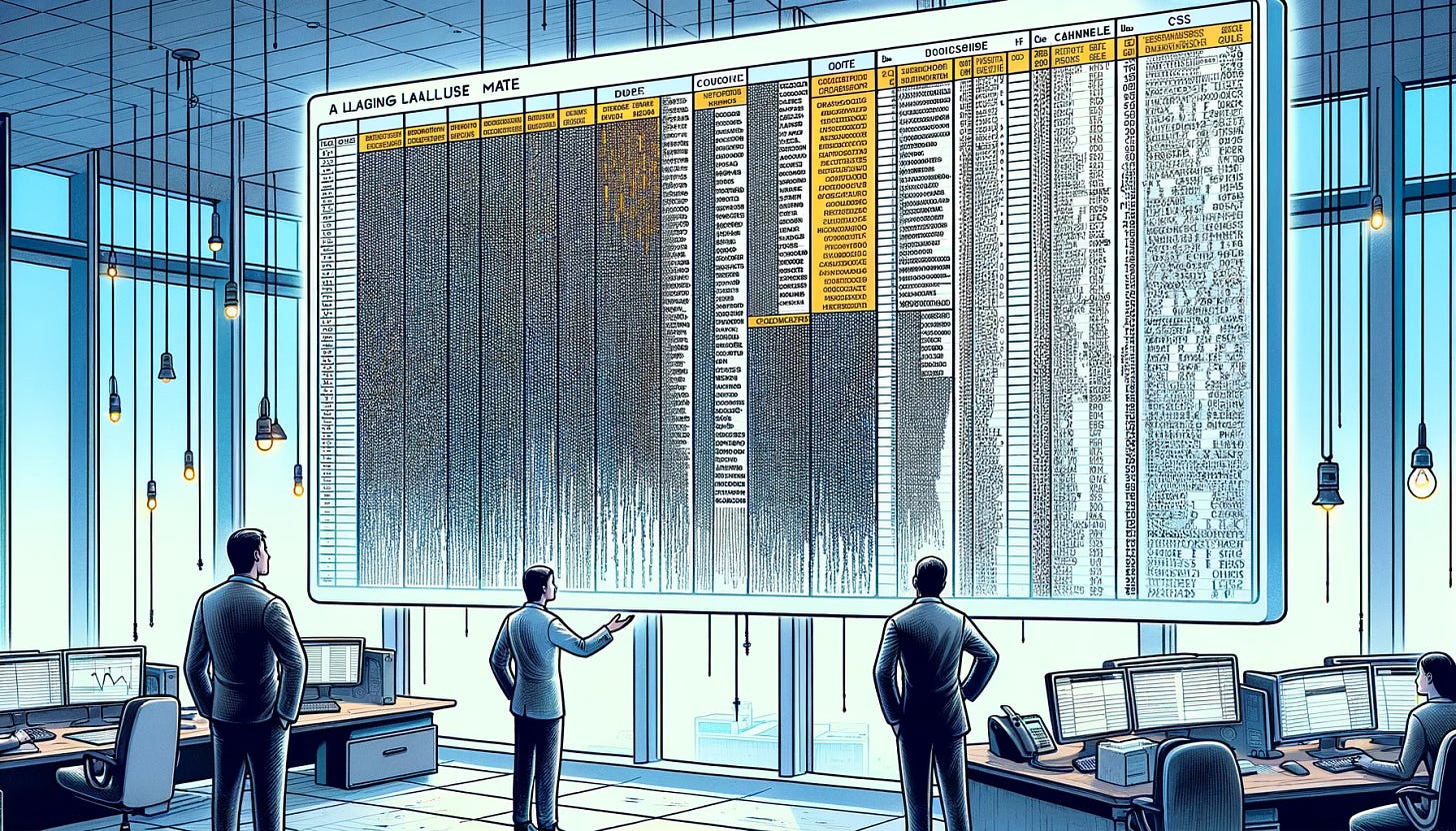 An illustration in a rationalistic style, depicting the challenge of analyzing data using CSVs in large language models (LLMs). The image features a large, intricate spreadsheet with columns labeled with cryptic names and symbols, in contrast to a more human-readable version where columns are clearly labeled with easy-to-understand concepts. Include a person looking perplexed at the cryptic version, and another person looking relieved at the clearer version. The setting is an office environment with modern technology, emphasizing the contrast in data accessibility.