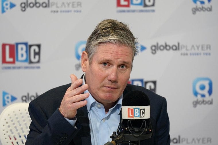 LIVERPOOL, ENGLAND - OCTOBER 11: Labour party leader, Sir Keir Starmer is interviewed for LBC during a media round on the morning of the final day of the Labour party conference on October 11, 2023 in Liverpool, England. The 2023 Labour Conference draws to a close today with speeches from Wes Streeting, Shadow Health Secretary and Bridget Phillipson, Shadow Education Secretary as well as a guest appearance by Ukrainian Oleksandyr Kormienko, the presiding officer of the Verkhovna Rada, Ukraine's parliament. (Photo by Ian Forsyth/Getty Images)