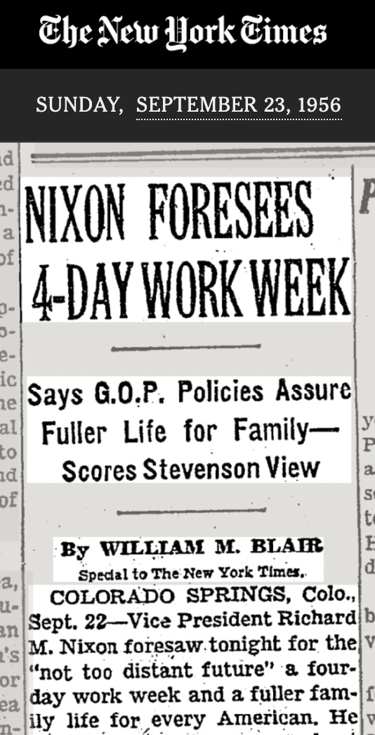 Screenshot of New York Times article from September 22, 1956. Headline reads: "Nixon Foresees 4-Day Work Week"