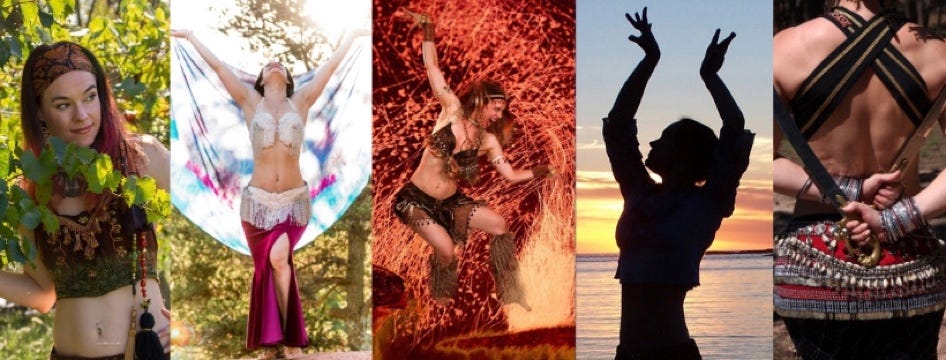 Montage of the author in 5 Elements costumes and poses.