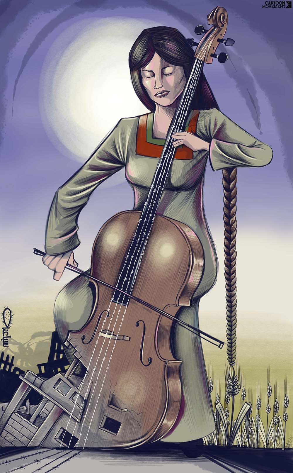 Cartoon showing Gaza in ruins; the ruins slowly transform into woman playing a cello by moonlight.