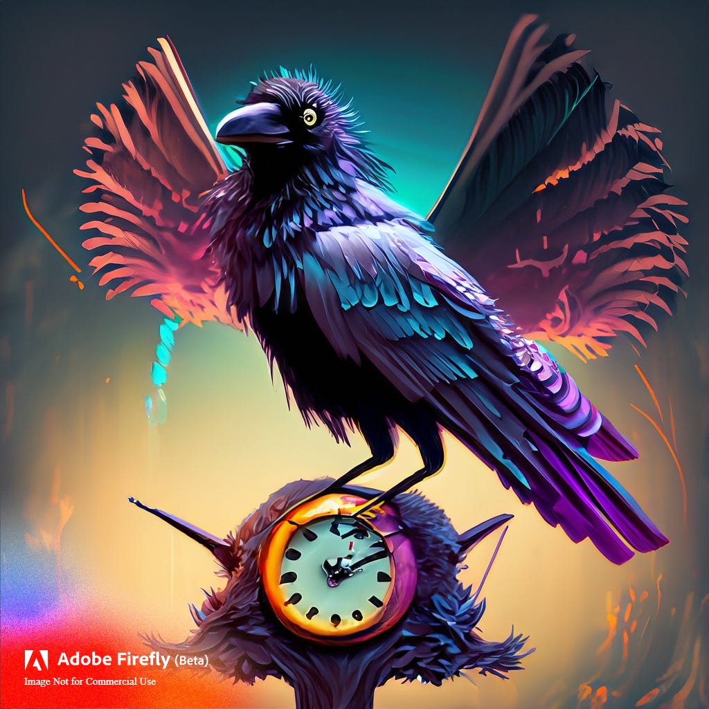 wild crow standing on clock with wings open