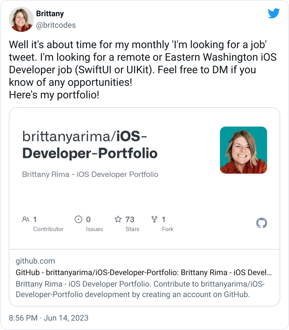 Brittany @britcodes Well it's about time for my monthly 'I'm looking for a job' tweet. I'm looking for a remote or Eastern Washington iOS Developer job (SwiftUI or UIKit). Feel free to DM if you know of any opportunities!  Here's my portfolio!