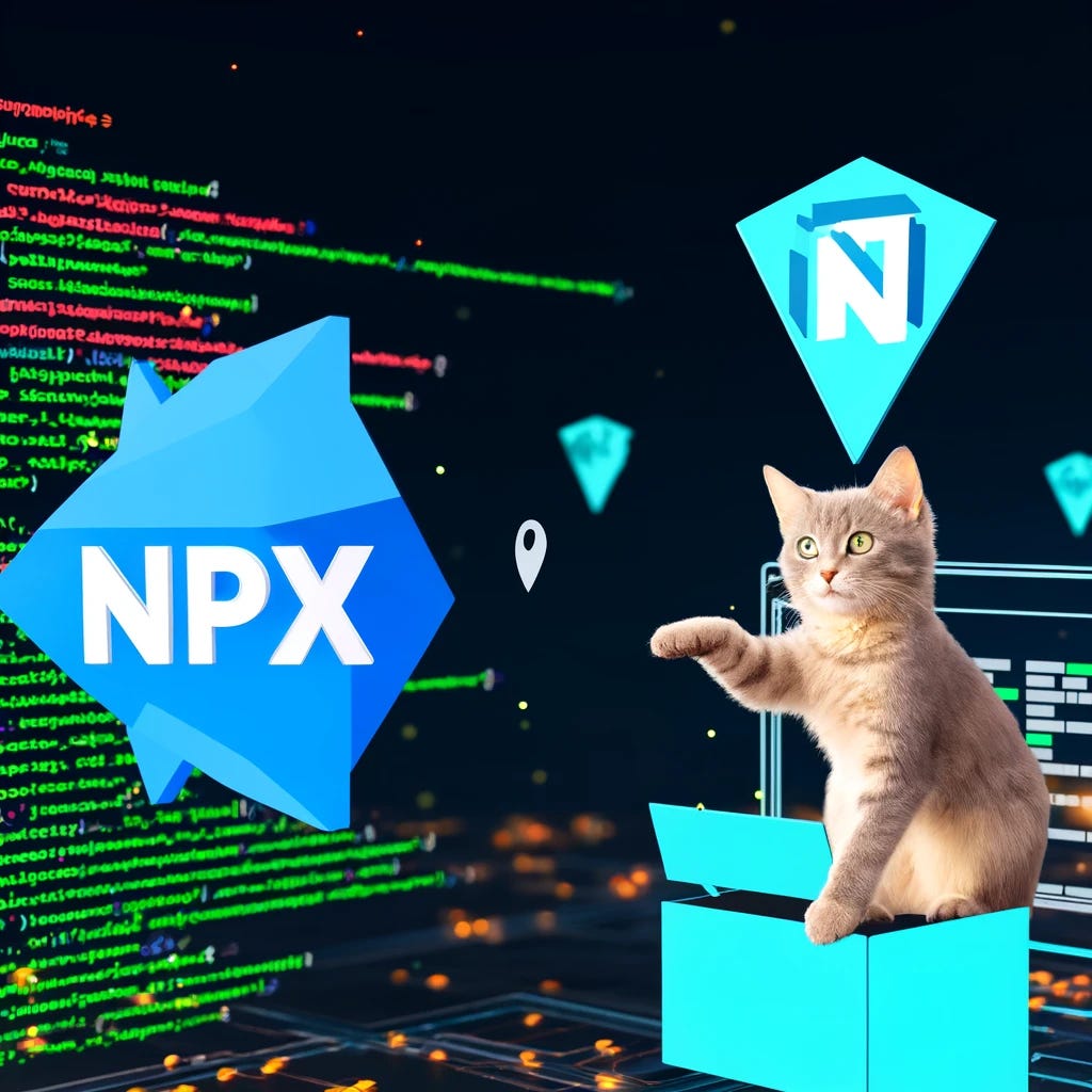 A dynamic illustration of a bustling software development environment with the npm and npx logos displayed prominently. A clever cat is sitting on a computer, playfully swiping at floating code snippets, symbolizing the functionality of npm and npx.