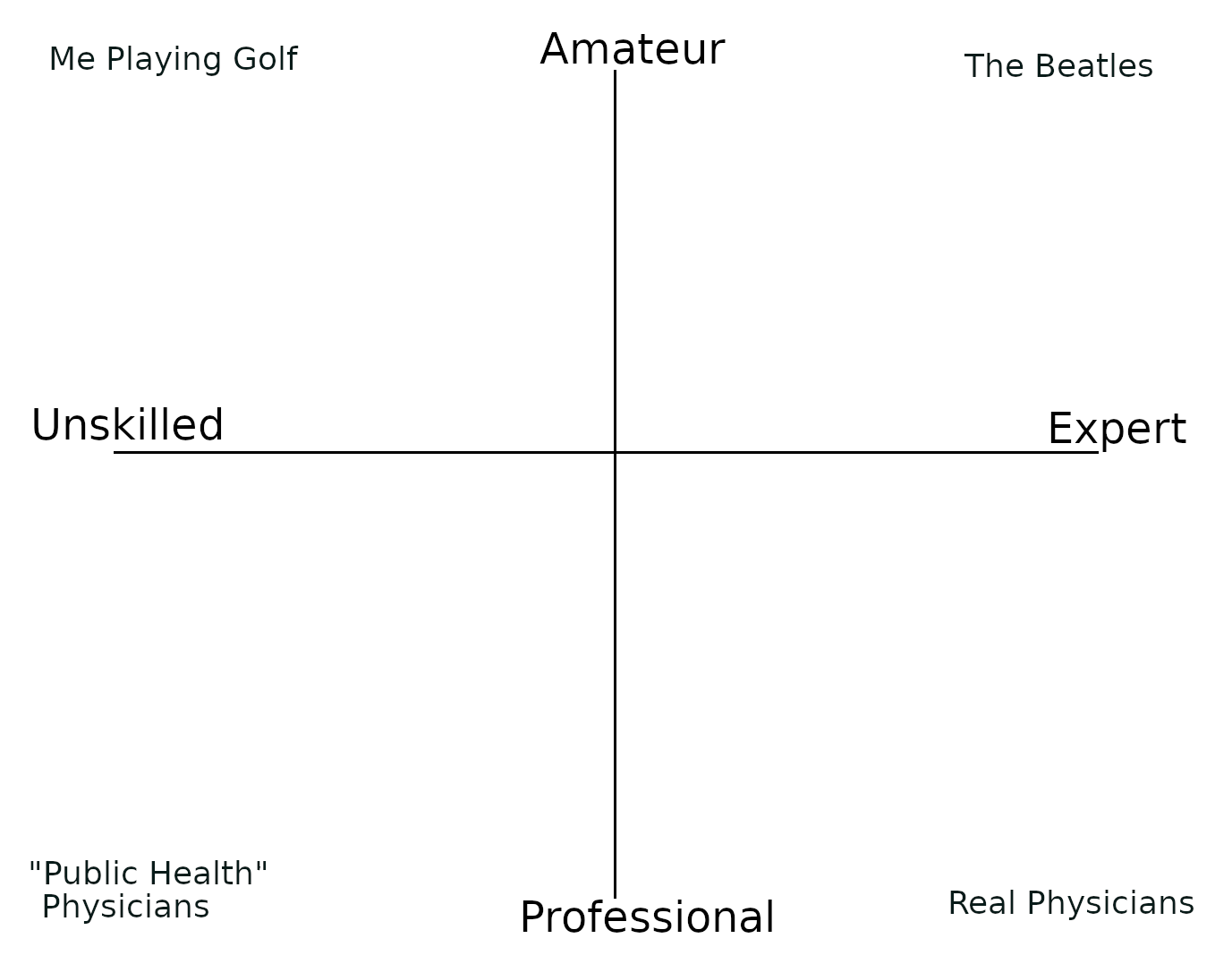 Crossed axes labled "Unskilled" to "Expert" horizontally and "Professionl" to "Amateur" vertically, with "Me playing golf" in the "unskilled amateur" corner, "The Beatles" in the "expert amateur" corner, "public health physicians" in the "unskilled professional" corner and "real physicians' in the "expert professional" corner