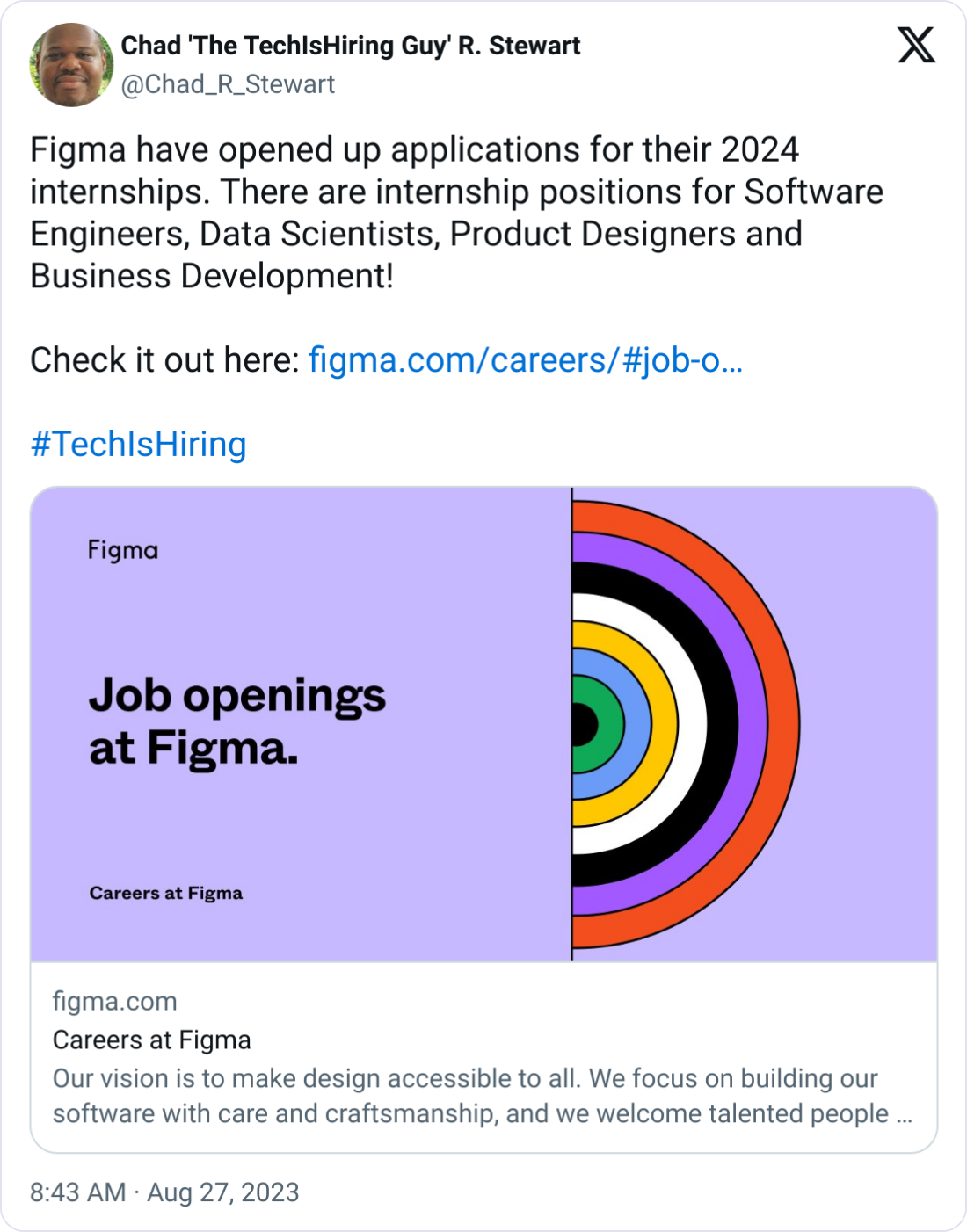  Chad 'The TechIsHiring Guy' R. Stewart @Chad_R_Stewart Figma have opened up applications for their 2024 internships. There are internship positions for Software Engineers, Data Scientists, Product Designers and Business Development!  Check it out here: https://figma.com/careers/#job-openings  #TechIsHiring