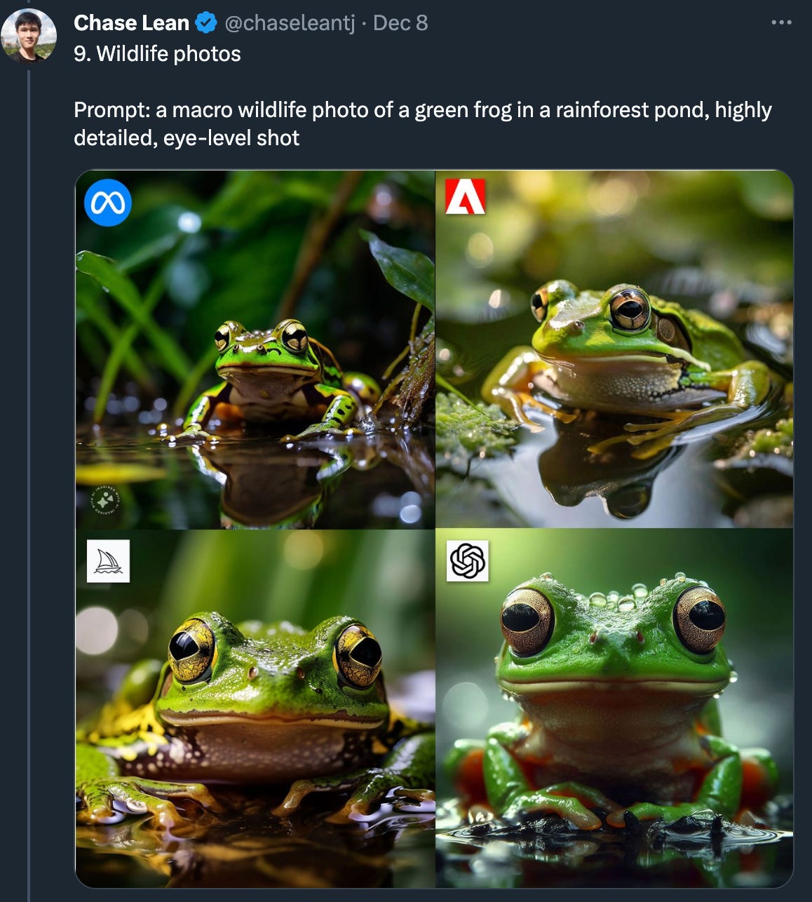 @chaseleantj compares a macro wildlife photo of a green frog across four different image generators